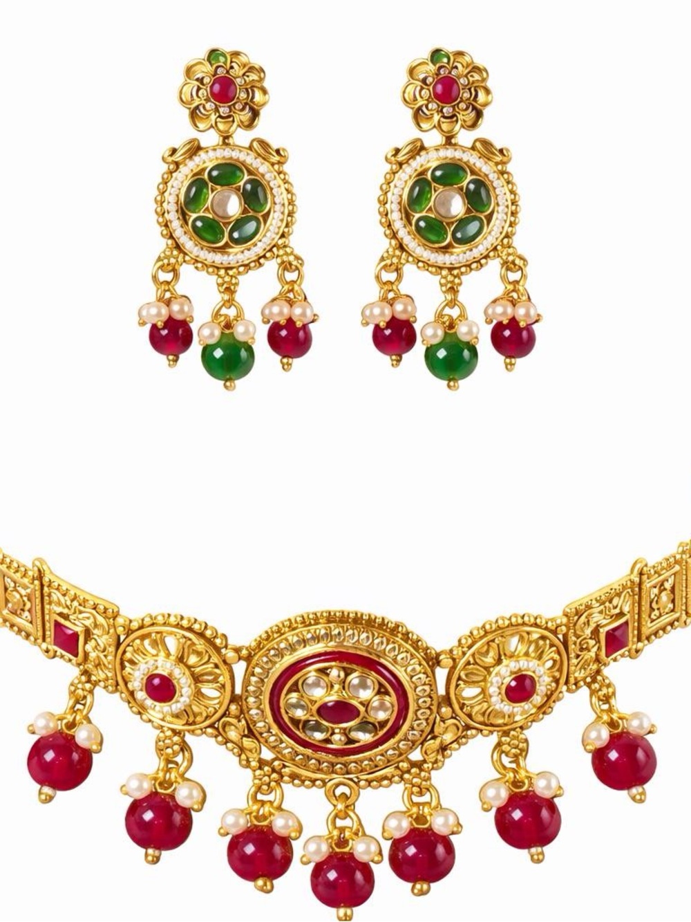 Gold-Tone Red & Green Bead Kundan-Style Choker Necklace with Matching Earrings